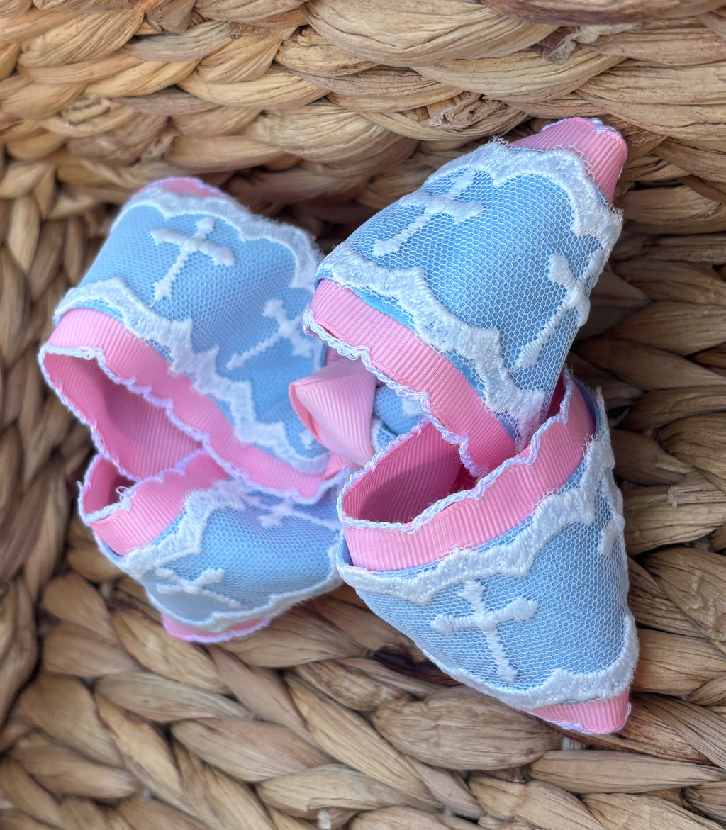 5” Pink Moonstitch with Blue and Cross Lace Bow