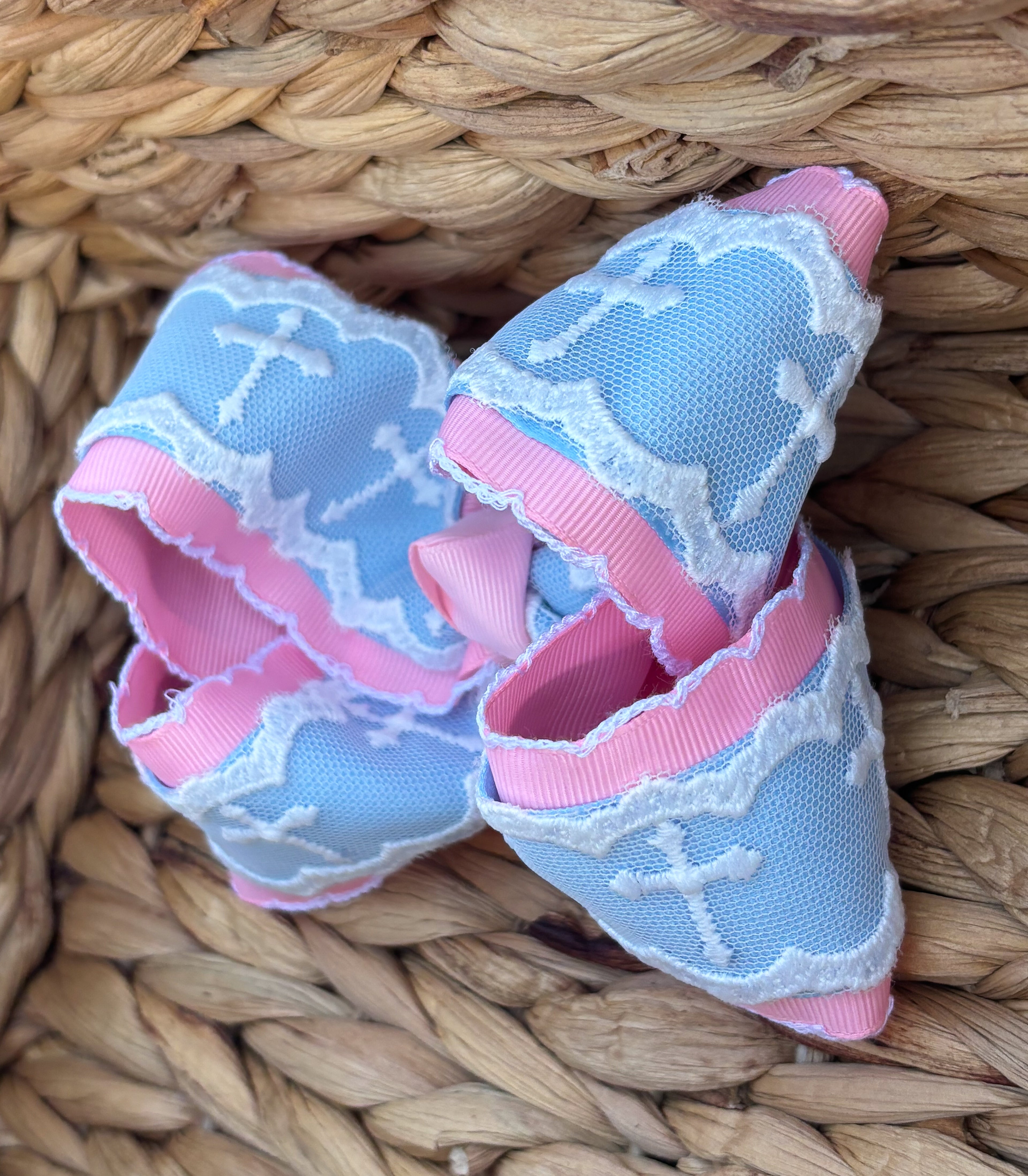 5” Pink Moonstitch with Blue and Cross Lace Bow