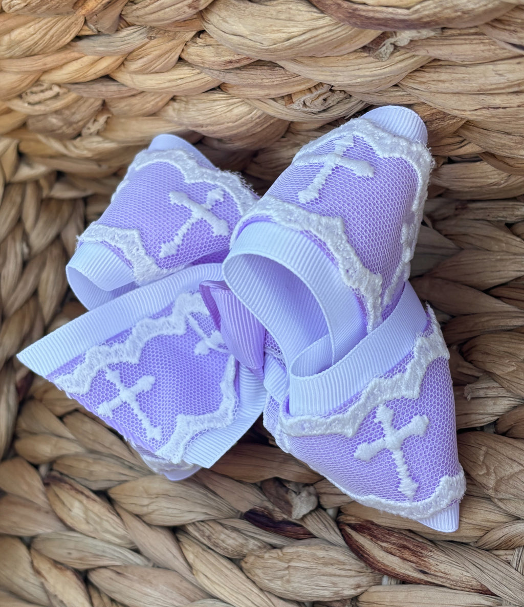 4.5” Purple and White Cross Lace Bow