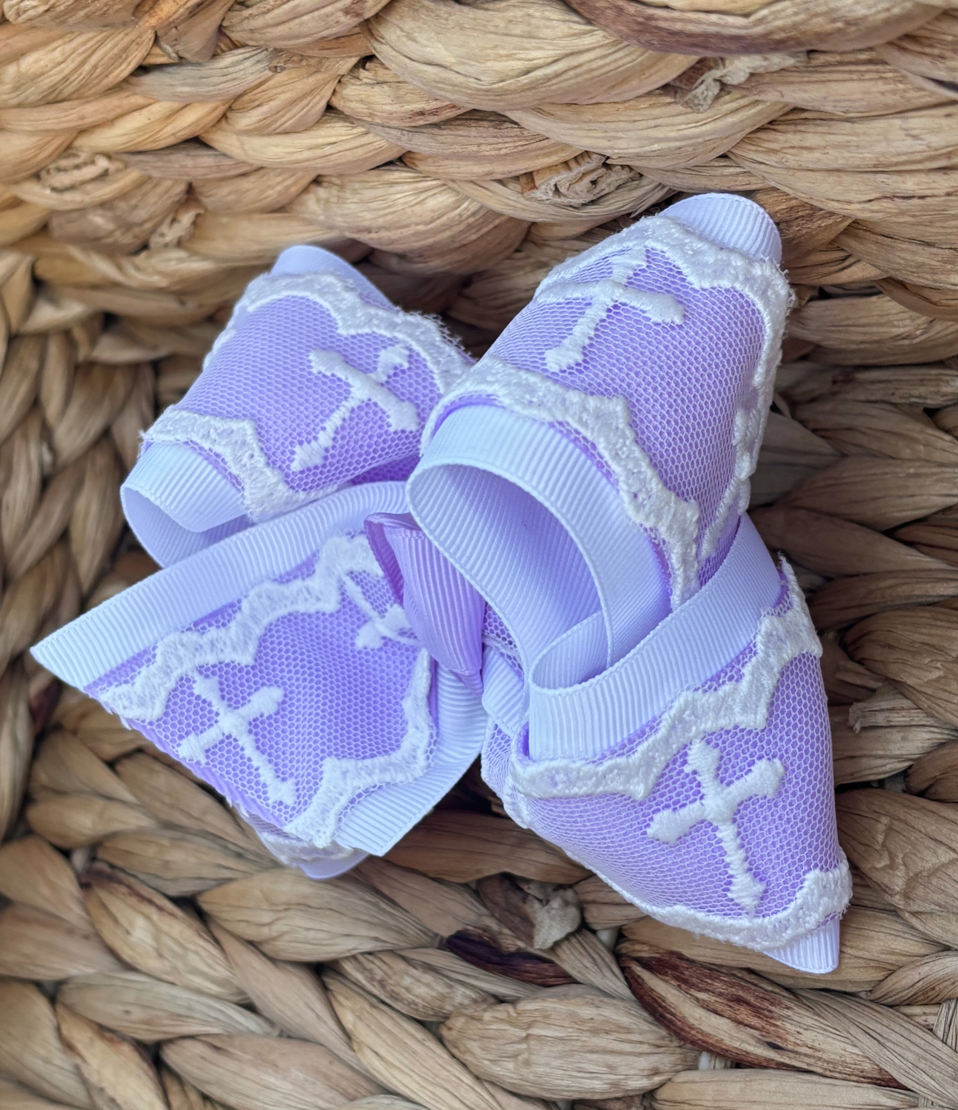 4.5” Purple and White Cross Lace Bow
