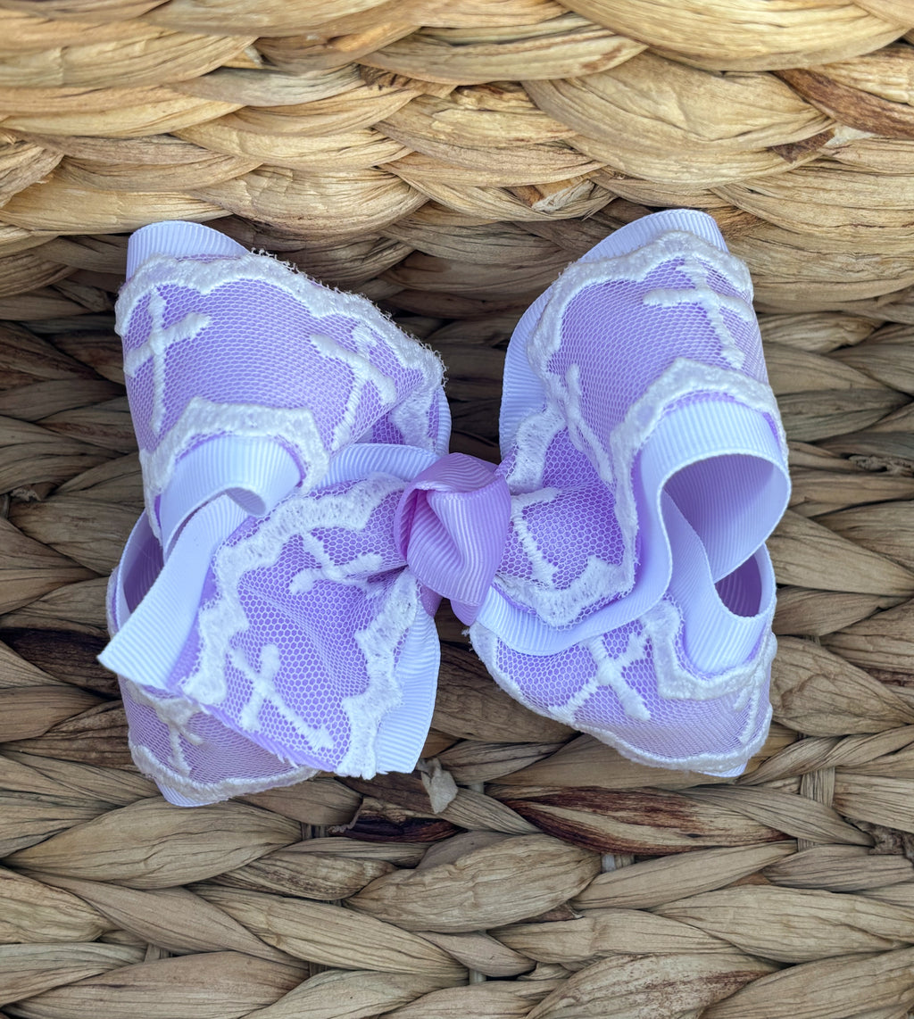 4.5” Purple and White Cross Lace Bow