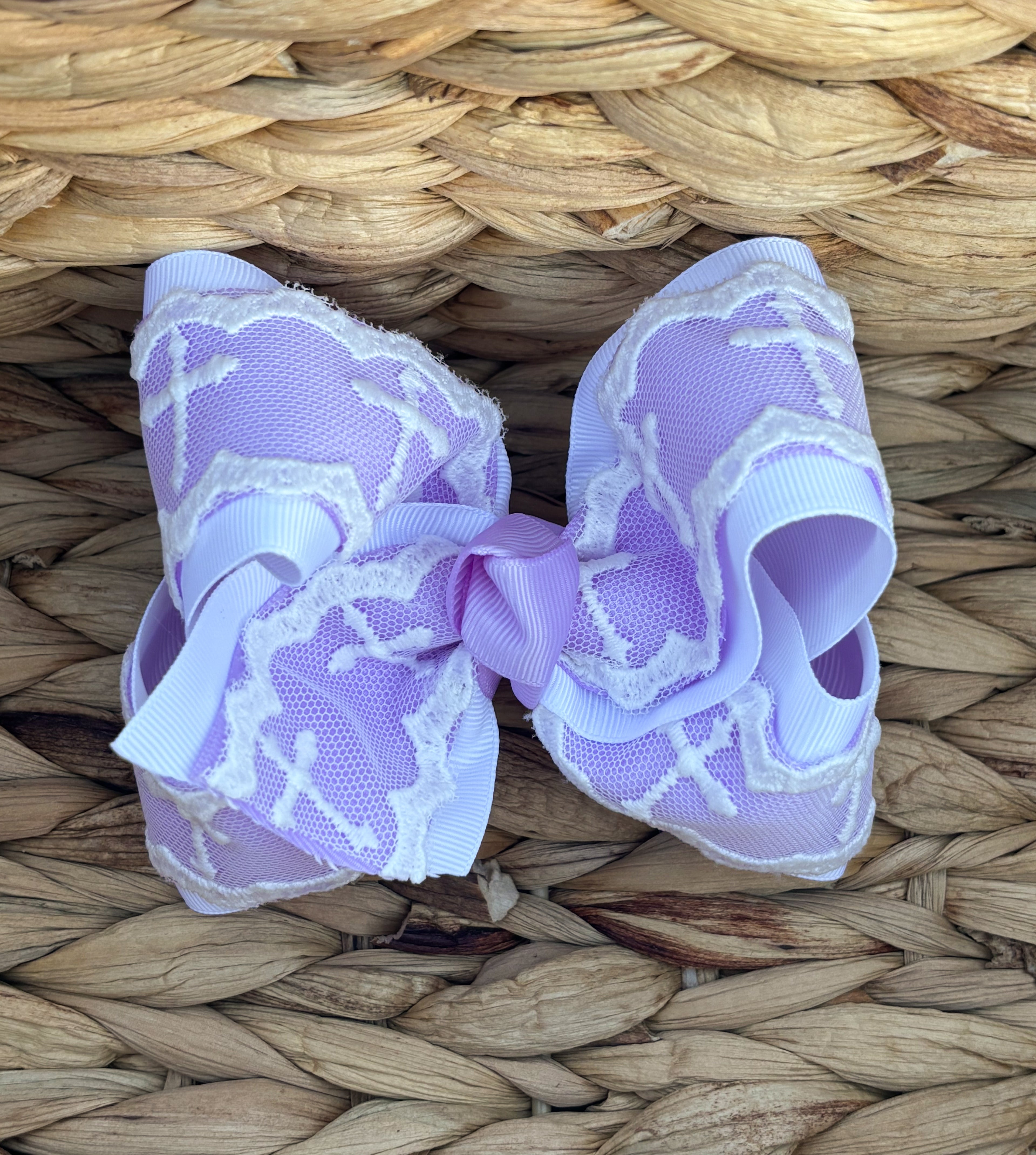 4.5” Purple and White Cross Lace Bow