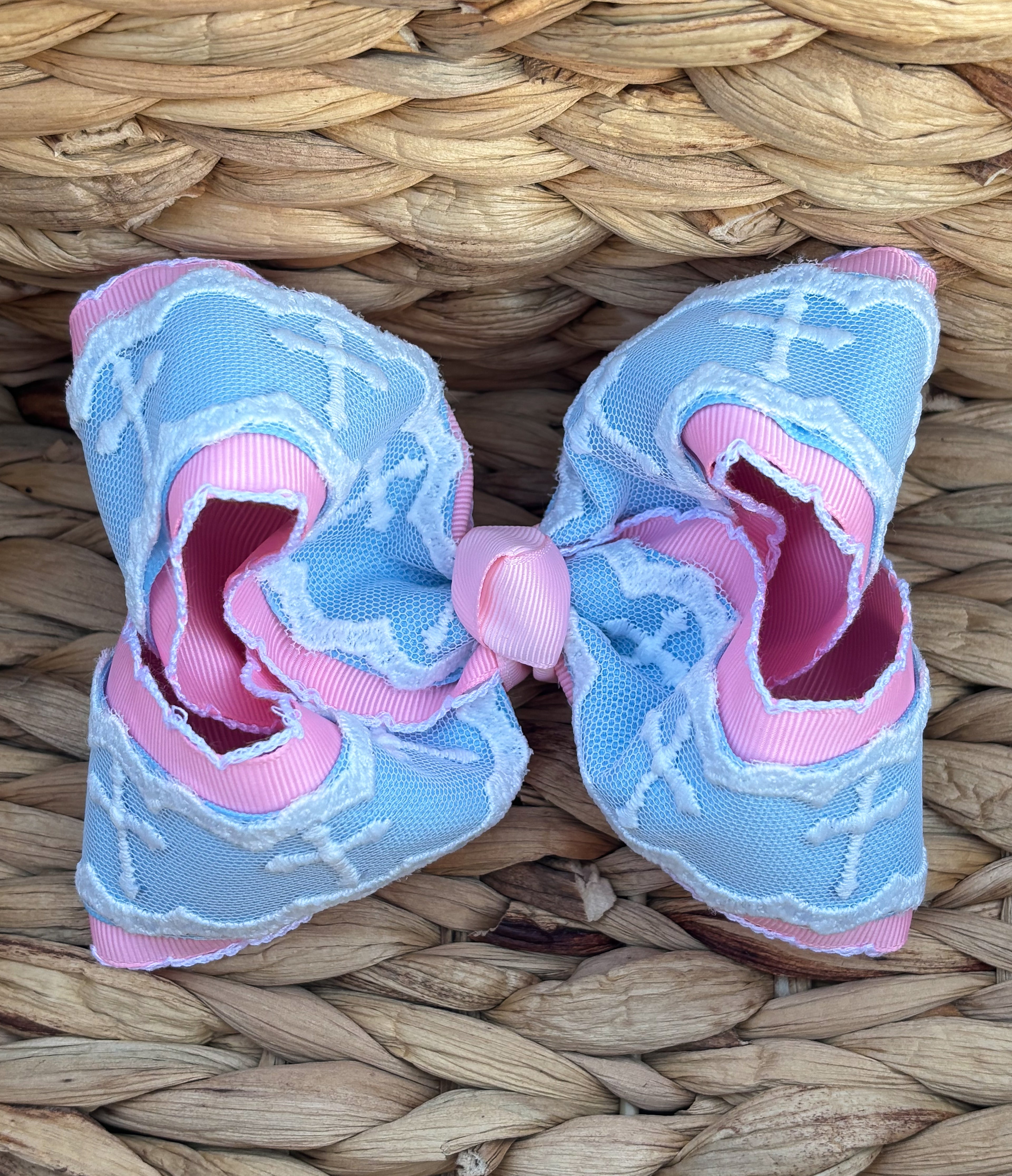 5” Pink Moonstitch with Blue and Cross Lace Bow