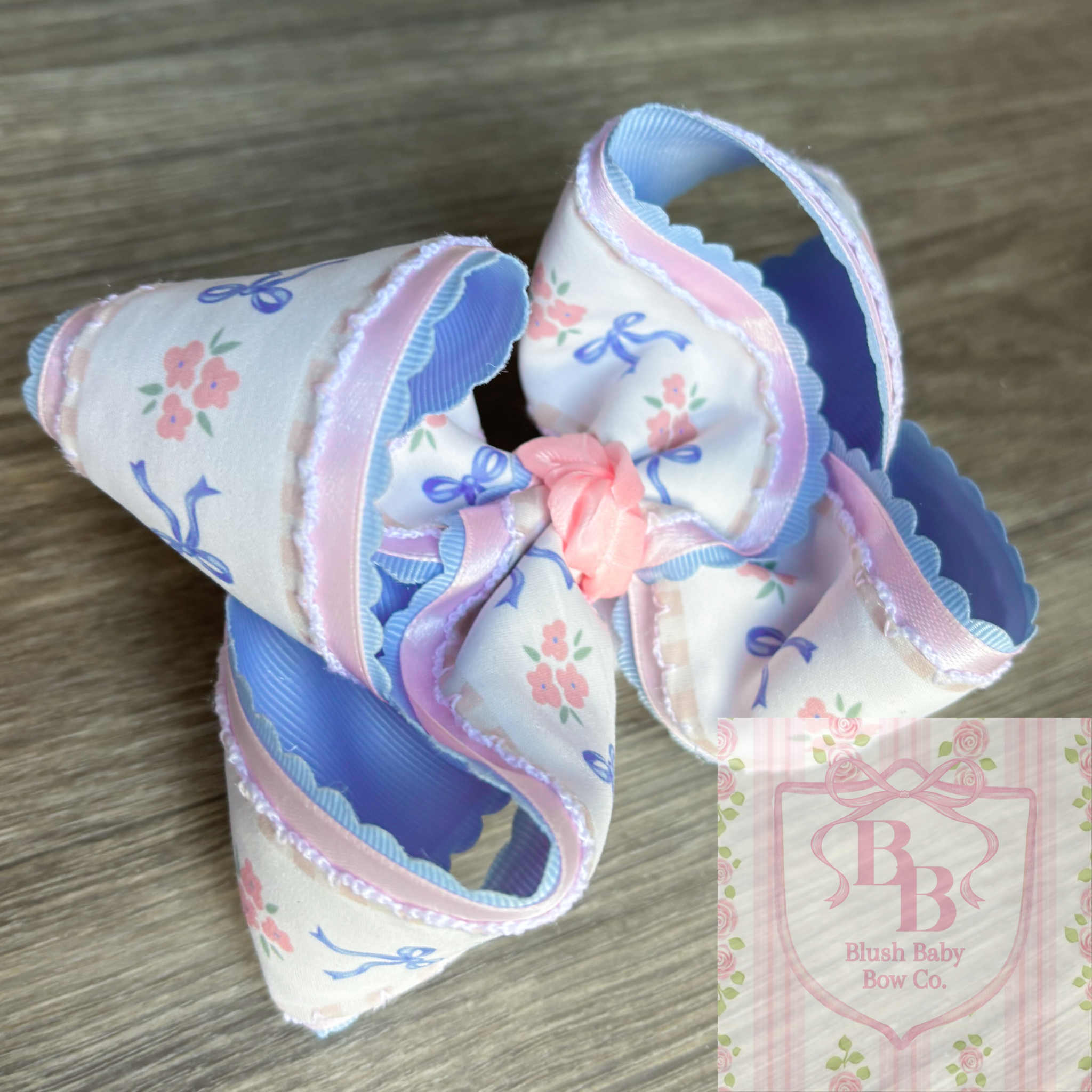 5” Blue Scallop with Bow & Pink Florals - RTS